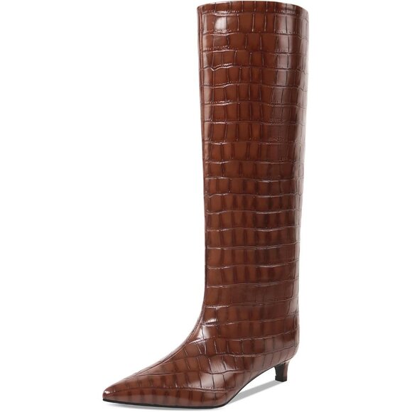 ⚡Women's Brown Crocodile Knee High Boots 1.5-in Stiletto Low Heel Pointed Toe - Picture 1 of 7